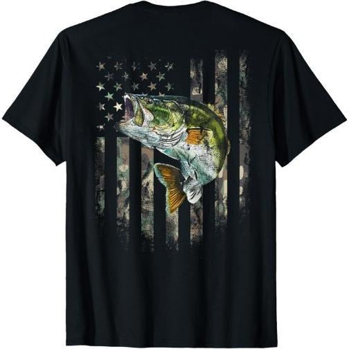 American Flag (Print on the Back) Camo Bass Fish Fishing T-Shirt Made in USA