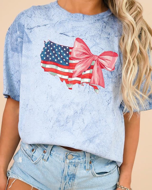 American Flag, Bow, Ribbon, Coquette, USA, Independence, Day, Retro, Vintage, Color Blast, Comfort Colors Tshirt, Women's Comfort Color Tee, Tshirt