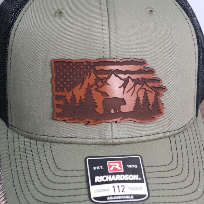 American Grizzly Leather Patch Hat | Bears, Mountains, Pines, American Flag