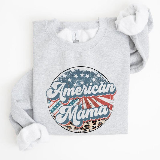 American Mama Leopard Print Patriotic 4th of July Sweatshirt, Women's Crew Neck, Crewneck