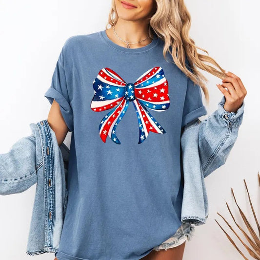 American, Bow, Red, White, Blue, Patriotic, 4th of July Tshirt, Women's Comfort Colors Tee