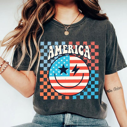 Ametica Checkerboard Retro Shirt, USA Vintage Unhinged Shirt, 4th Of July Graphic Printed Tee, Independence Day Happy Face T-shirt, Patriotic Comfy Fabric Graphic Tee, Women's Tops, Menswear, Womenswear, Cotton Fabric Relaxed Fit Chic Style