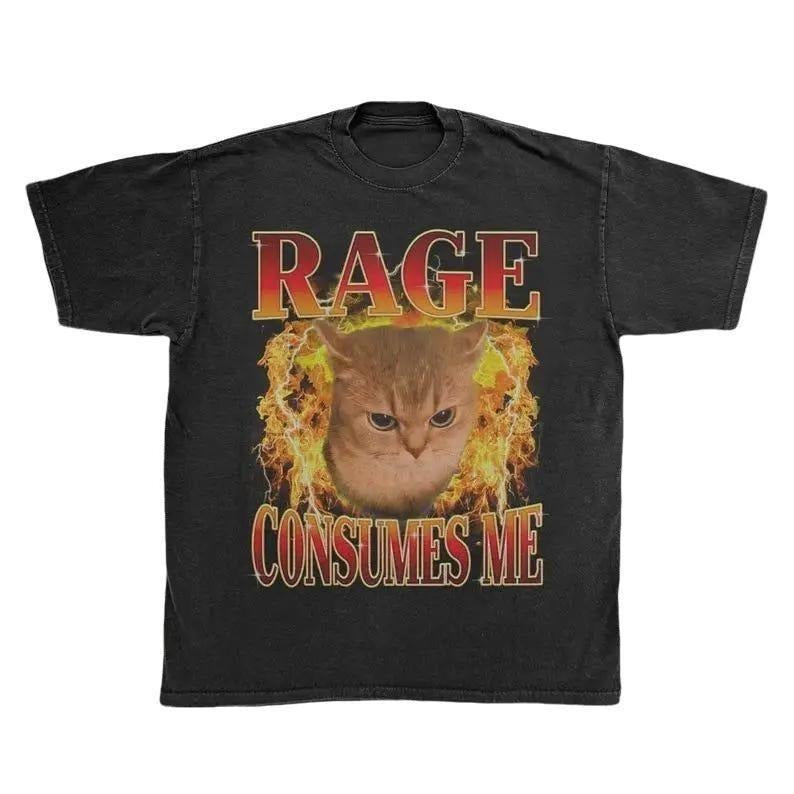 Angry Cat Fire Shirt | Rage Consumes Me Chaotic Tee | Ironic Cat Meme | Sarcastic Gothic Tee | Grumpy Cat Graphic Tee | Edgy Cat Lover Gift Menswear