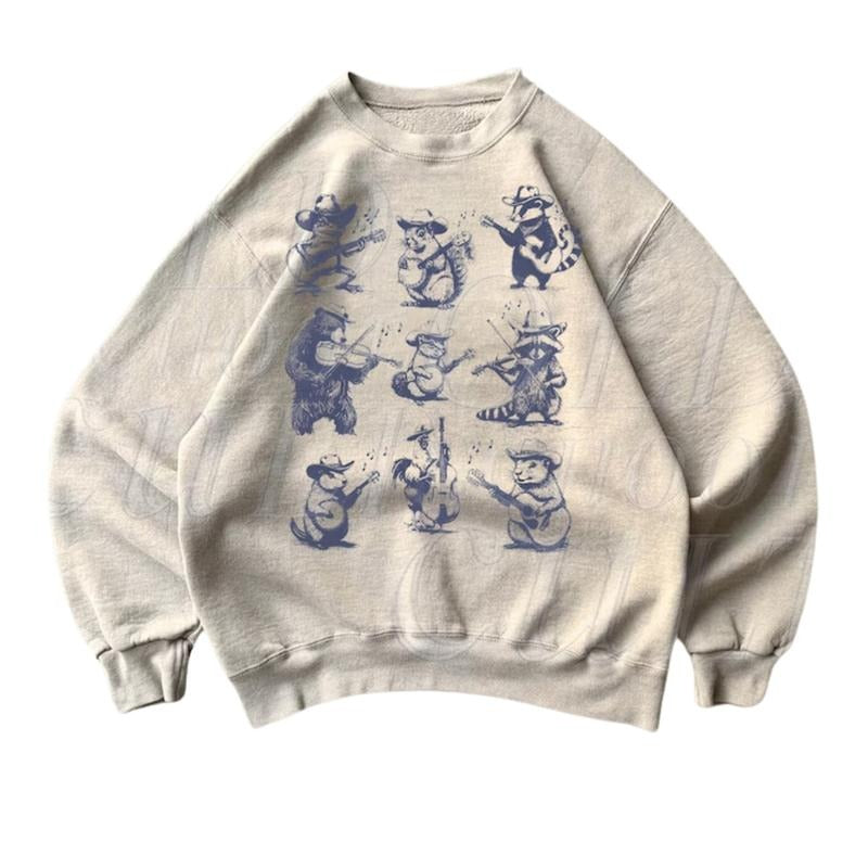 Animal Musicians Style Sweatshirt, Retro Bear Guitar Sweater, Cute Trash Panda Sweater, Funny Music Gift Cozy Warm Unisex Sweatshirt