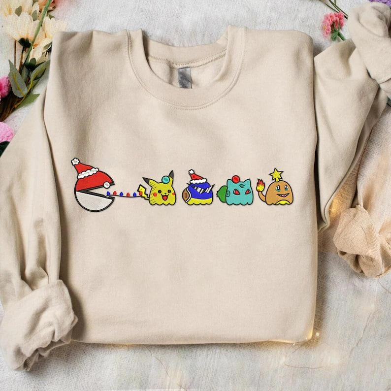 Anime Character Christmas Embroidered Sweatshirt, Anime Sweatshirt, Anime Embroidered Crewneck, Embroidered Crewneck Sweater, Christmas Gift