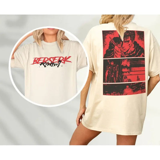 Anime Graphic T-Shirt, Grunge 90s Japanese Manga Tee Shirt with back Print, Go Berserk for Retro Character Streetwear