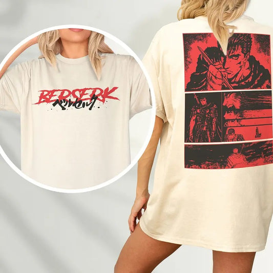 Anime Graphic T-Shirt, Grunge 90s Japanese Manga Tee Shirt with back Print, Go Berserk for Retro Character Streetwear, Gift for Anime Lover