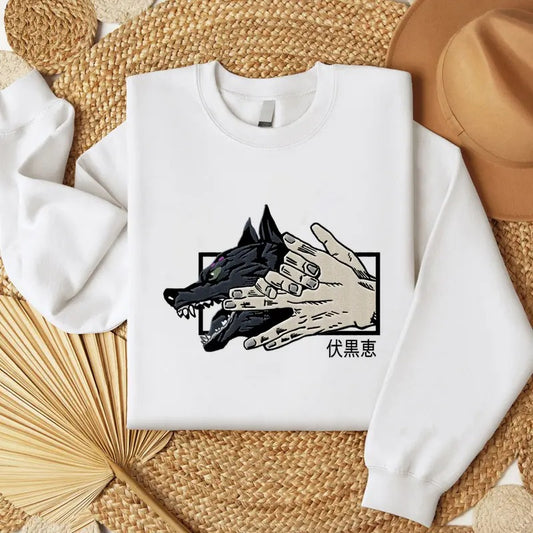 Anime JJK Embroidered Sweatshirt, Embroidered Anime Megumi Shirt, Divine Dogs Embroidered Shirt