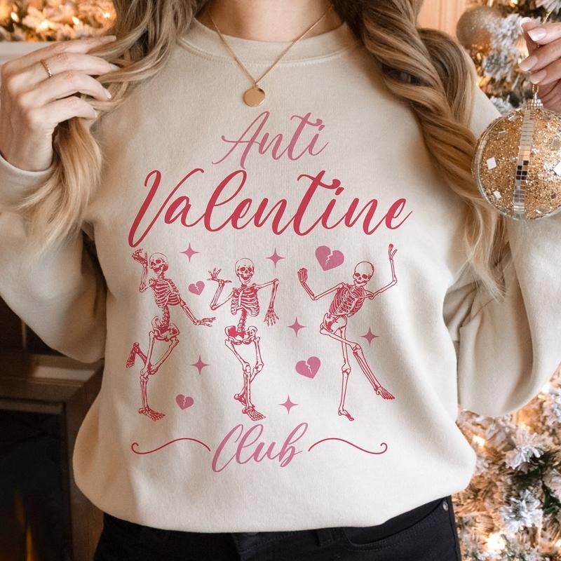 Anti Valentine Club Sweatshirt, Funny Valentines Shirt, Skeleton Valentine Sweatshirt, Single Valentine Shirt, Valentines Sweatshirt, Gifts For Her, Long Sleeve Crewneck Shirt, Valentine Gift Ideas, Gifts For Valentines Day Fit Unisex