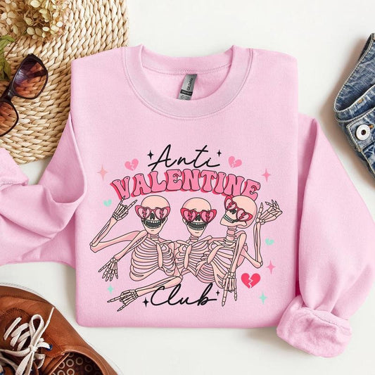 Anti Valentine's Club, Skeleton, Sweatshirt, Valentine's Day, Crew Neck, Women's, Crewneck, Valentine's Day, Love, Heart, Cupid