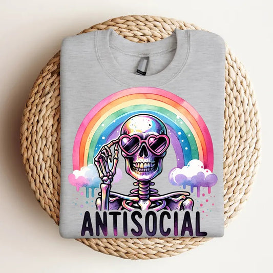 Antisocial Skeleton - Crewneck Sweatshirt, Mental Health, Funny Tee, Bright Graphic, Funny Apparel, Gift Idea, Relaxed Fit, Casual Apparel, Cute Top, Great with Jeans, All Seasons, Fun Style, Comfortable Shirt