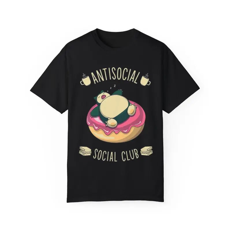 Antisocial Social Club Snorlax T-Shirt, Anime Humor Graphic Tee, Pokémon Donut Shirt