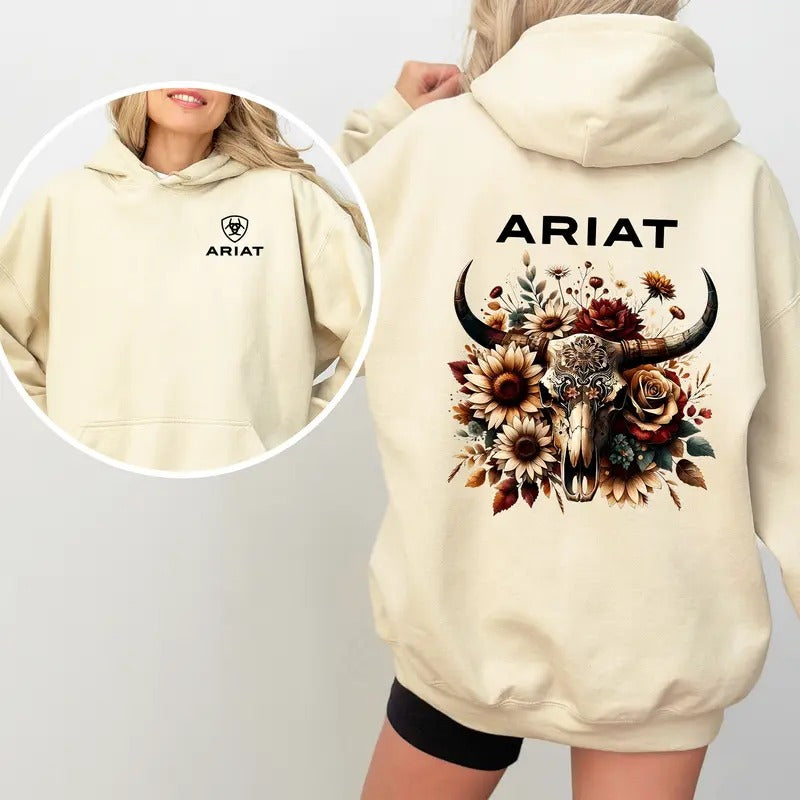 Ariat Floral Bull Skull Hoodie, Iconic Ariat Logo Shirt, Stylish Western-Inspired Graphic Tee