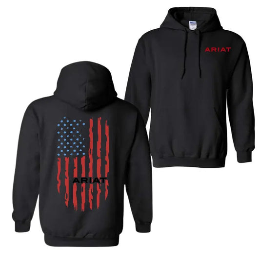 Ariat Hoodie Sweatshirt T-Shirt - Distressed American Flag Design with Red Logo, 2 Sided Hoodie For Men, For Women, Unisex