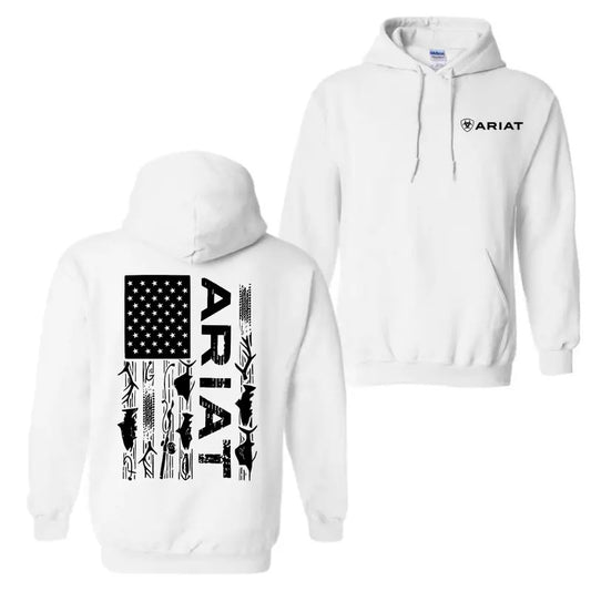 Ariat Patriotic Flag Hoodie Sweatshirt T-Shirt, Small Ariat Logo On Front, Large American Flag Design On Back