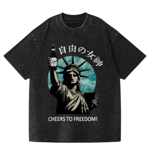 Asahi Beer Liberty Vintage Wash Japanese Design T-Shirt, Funny Anime Graphic Tee Shortsleeve Comfort Top