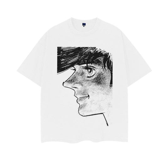 Ashita no Joe "Profile" Heavyweight Vintage Tee 100% Cotton OVERSIZED Anime T-shirt Menswear Top Crew Necks Tshirt Casual Streetwear White Baggy Crewneck Tropical