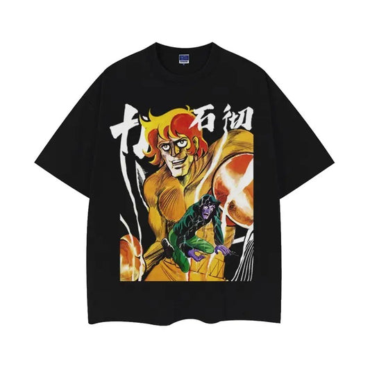 Ashita no Joe "Terry Tsuru (Terry Ishi)" Heavyweight Vintage Tee 100% Cotton OVERSIZED Anime T-shirt Menswear Top Crew Necks Tshirt Casual Streetwear Black Baggy Crewneck Tropical Shortsleeve Loose