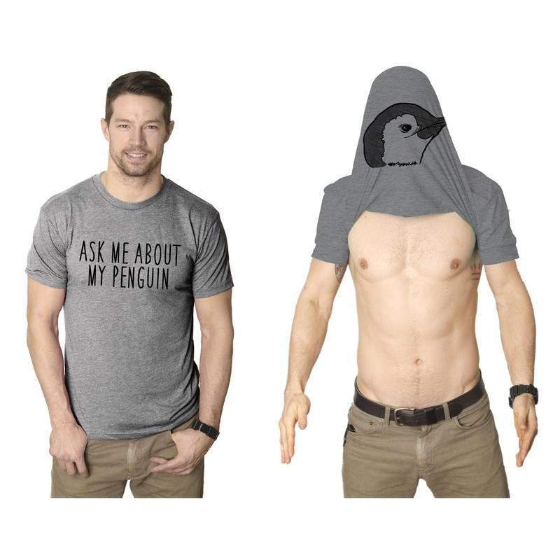Ask Me About My Penguin Flip Up T Shirt Funny Penguins Tee Costume Shirt Mens Funny T Shirts Cool Tees Soft Stylish Casual Menswear Light Grey