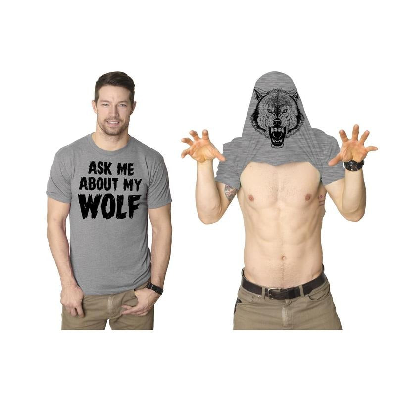 Ask Me About My Wolf Flip T Shirt Cool Design Funny Saying Novelty Graphic Mens Funny T Shirts Cool Tees Soft Stylish Casual Menswear Light Grey