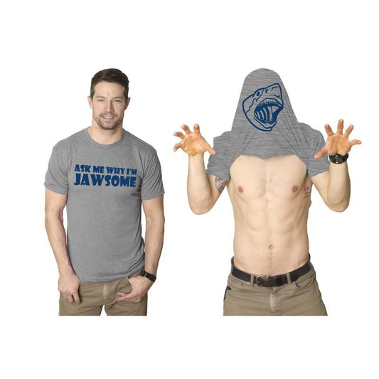 Ask Me Why I'm Jawsome T Shirt Funny Flip Up 70s Shark Movie Tee Mens Funny T Shirts Cool Tees Soft Stylish Casual Menswear Shark Light Grey