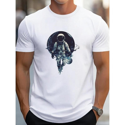 Astronaut Embracing Planet Art cotton men's T-shirt comfort fit Made in USA