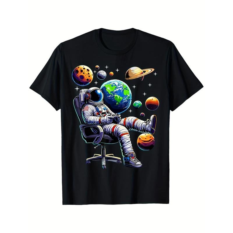 Astronaut Gamer Space Gaming System Planets T-Shirt 100% Cotton Graphic T Shirt For Men Women Unisex Stylish, Comfortable, Printed, All-season Must-have 220g made in usa