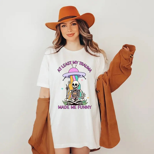 At least my trauma made me funny shirt, mental health sweatshirt, funny anxiety - Skeleton Meme Shirt Casual Cotton