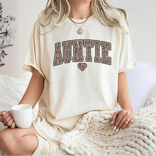 Auntie Shirt, Leopard Auntie T-shirt, Auntie Era Tee, Aunt Graphic Printed Short Sleeve T-shirt, Cotton Fabric Comforts Shirt For Women, Women's Tops, Gift For Aunt, Womenswear, Cotton Fabric Relaxed Fit Chic Style