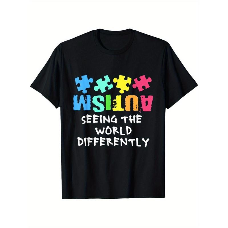 Autism Awareness 'Seeing the World Differently' Puzzle Graphic T-Shirt - Ultra Soft Cotton, Breathable, Moisture Wicking, Crew Neck, Short Sleeve Casual Tee for Men and Women