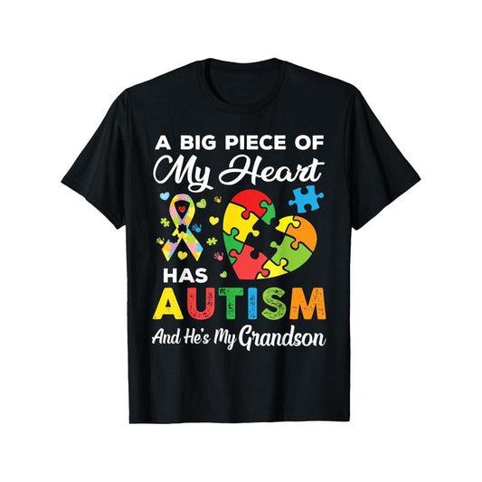 Autism Awareness Grandparent T-Shirt, Cotton Blend Crew Neck Tee, Casual Style, Slight Stretch, with Puzzle& Ribbon Graphic, for Men, All-Season Knit Fabric Top