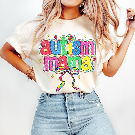 Autism Mama T-Shirt, Autism Awareness Coquette T-Shirt, Retro Autism Bow T-Shirt, In April We Wear Blue T-Shirt, Neurodiversity T-Shirt