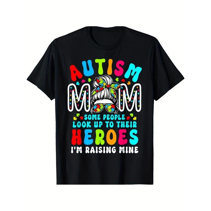 Autism Mom Raising Hero Groovy Messy Bun Autism Awareness T-Shirt Women'S Plus Size T-Shirt Short Sleeve Shirt Crew Neck Novelty Shirt Casual Top Funny Oversized Graphic Tee 210g