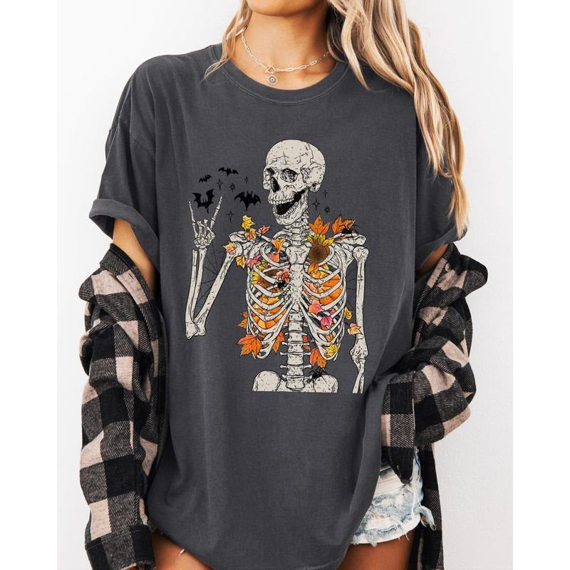 Autumn Skeleton, Funny, Bats, Halloween, Fall, Funny Shirt, Women's Comfort Color Tee, Tshirt