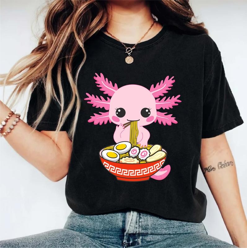 Axolotl Eating Ramen Shirt, Cute Axolotl Lover T-shirt, Asian Food Shirt, Axolotl Noodles Lover Gift Tee, Foodie Lover Birthday Gift Short Sleeve, Japanese Anime Shirt. Cotton Casual