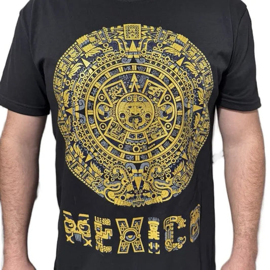 Aztec Calendar dorado T-Shirt with Central Design Menswear