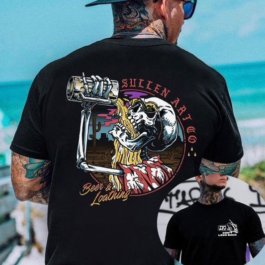 BEER & LOATHING Skull Print Men's T-shirt Sweatshirt Hoodie, Unisex Shirt, Today shirt, Love shirt, Retro Unisex, Life shirt, Merch gift, Short Sleeve Graphic, Naughty Clothes Men Cotton Fabric Menswear Classic, Streetwear Vibes
