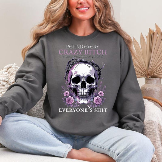 BEHIND EVERY CRAZY BITCH Women's Crew Neck Drop Shoulder Graphic Print Casual Vintage Grunge Style Top