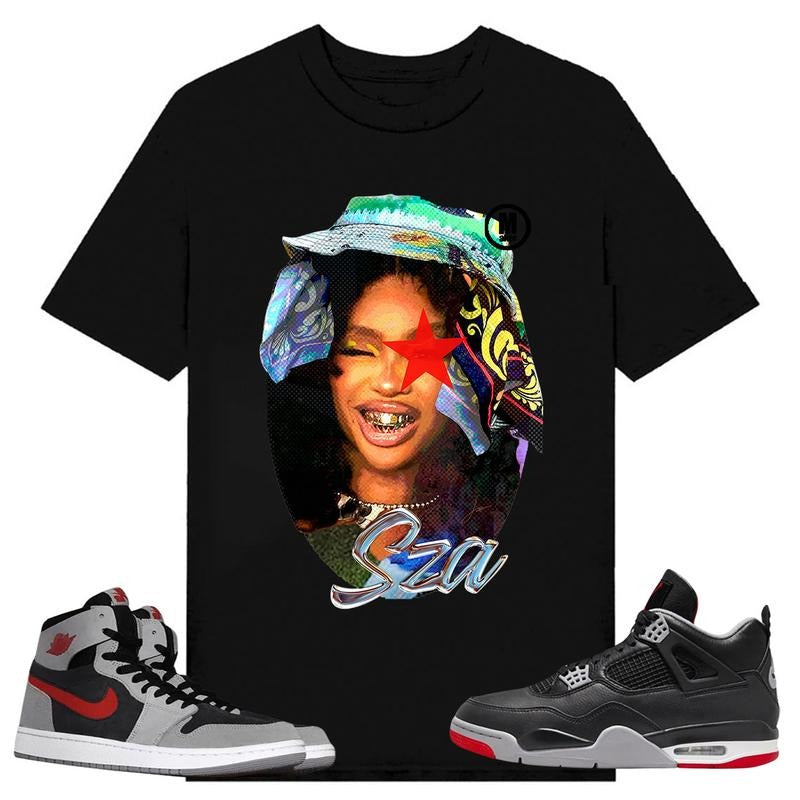 BIG FACE SZA Graphic, Shirt to match A J 1 High Zoom CMFT 2 Fire Red Cement Grey, A J 4 Bred, Shirt to matching Sneaker