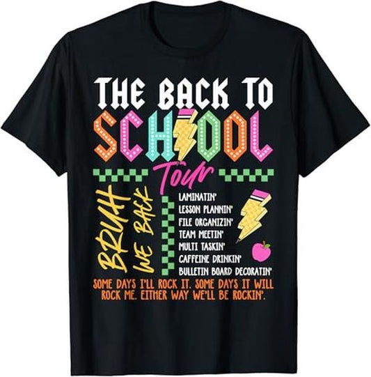 Back To School Shirts, Retro Lightning Bolt Back To School Tour Teacher T-Shirt Cotton Fashion Casual Classic