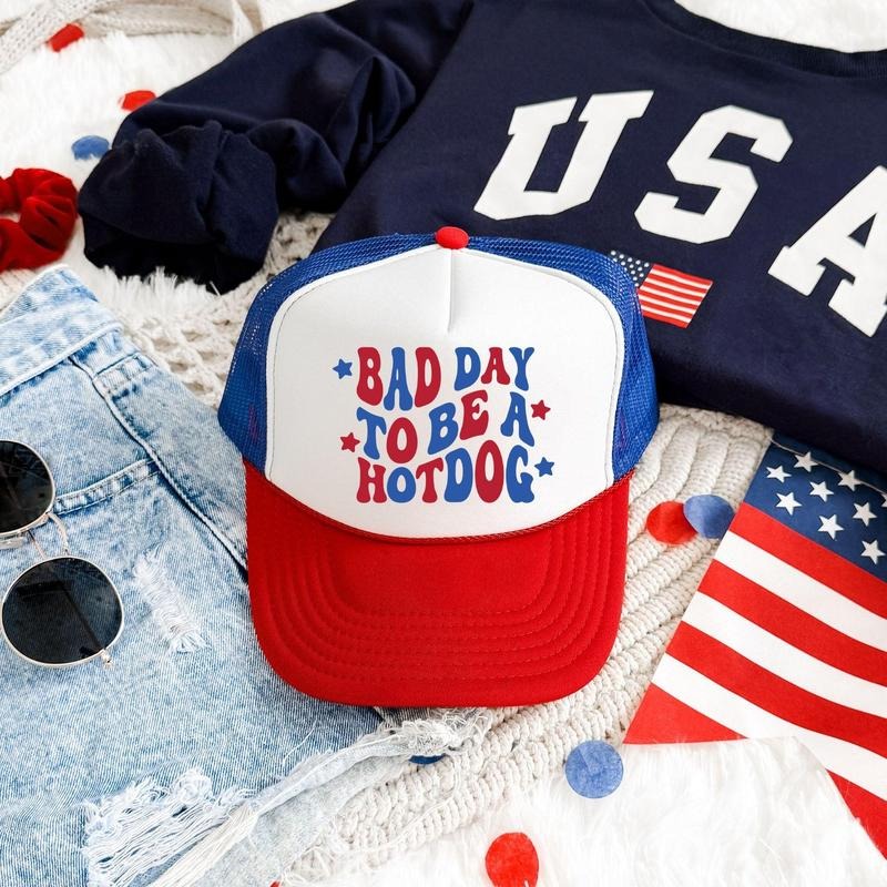 Bad Day To Be A Hotdog, Stars, Patriotic, Snapback Trucker Hat, America, USA, Independence Day, Patriotic Cap for Women, Sassy Graphic Hats