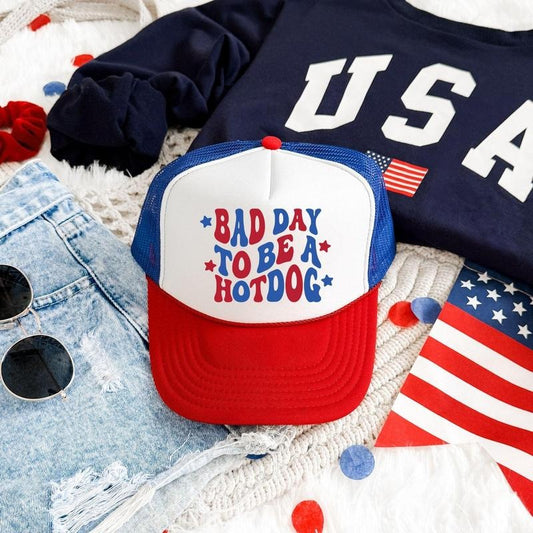 Bad Day To Be A Hotdog, Stars, Patriotic, Snapback Trucker Hat, America, USA, Independence Day, Patriotic Cap for Women, Sassy Graphic Hats