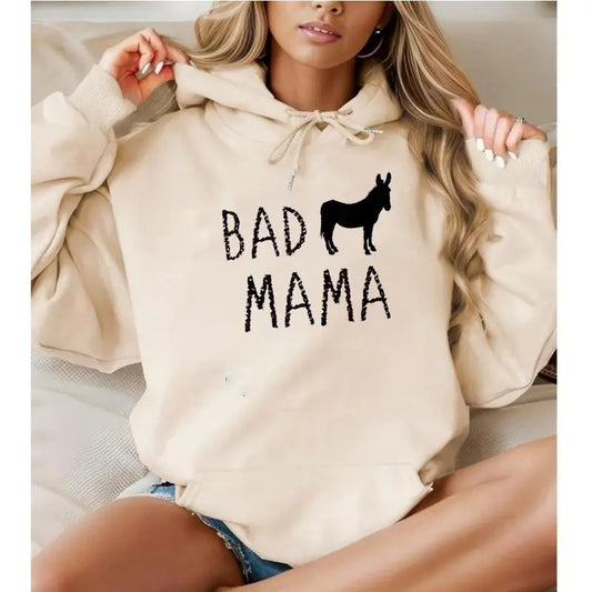 Bad Mama Mothers Day Mum, Funny Hoodie Casual Street Style Fleece Fabric Pullover Hooded Sweatshirt for Women for Men, Perfect Gift