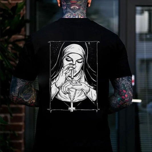 Bad Religious Nun Graphic Casual Back Side Print T-shirt -  Sweatshirt - Hoodie, Naughty Clothes Men Cotton, Funny Shirt, Streetwear Menswear