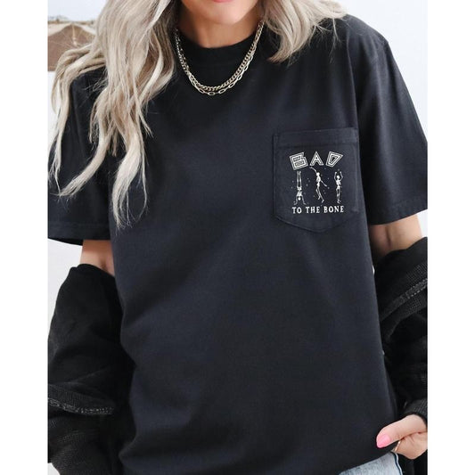 Bad To The Bone, Skeleton, Halloween Pocket Tee, Women's, Comfort Colors Tee, Spooky, Tshirt, Witch, Pumpkin, Ghost, Skeleton