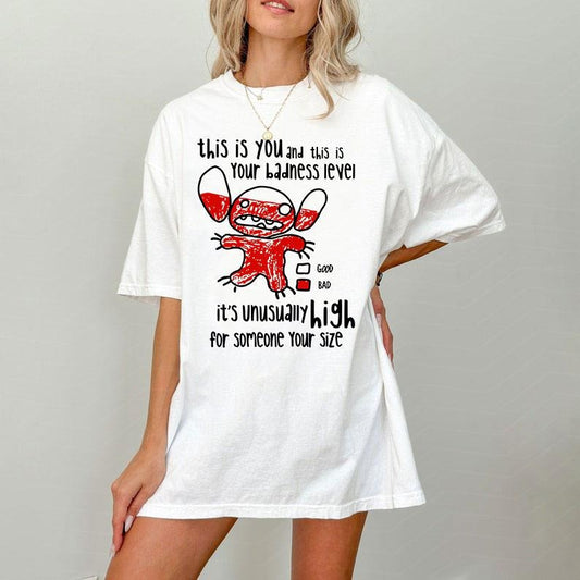 Badness Level High for Someone Your Size Shirt, Lillo and Stich Funny Tshirt, Hawaii Aloha Vibes Tee, Vintage Summer T-shirt, Retro Cartoon Tee for Men Women