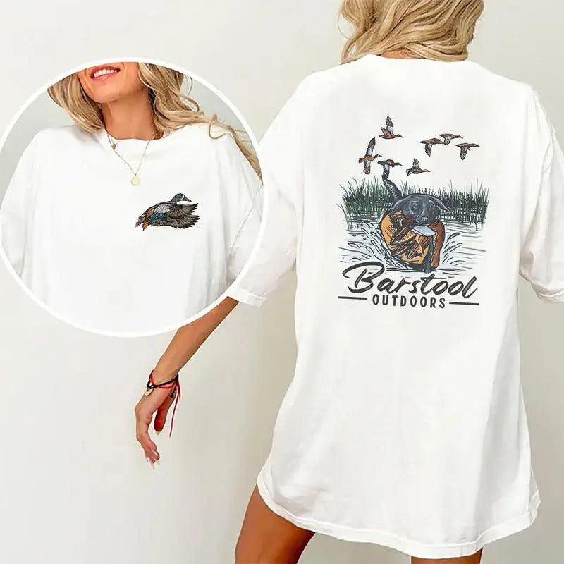 Barstool Outdoors Duck Hunt Shirt, Mallard Hunting Tshirt, Unisex Classic Cotton Tee with 2 Sided Graphic Print in All Sizes, For Women