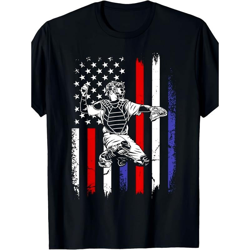 Baseball American Flag Patriotic Catcher 4th Of July T-Shirt - 220g made in usa