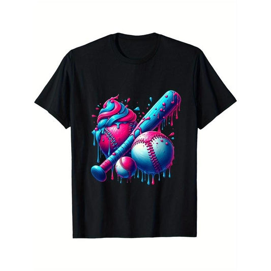 Baseball Bat Ice Cream Cone Watercolor T-Shirt for The Youth (Not Adult Size), Soft Fabric, Breathable, Comfortable Short Sleeve Tees for Teens made in usa