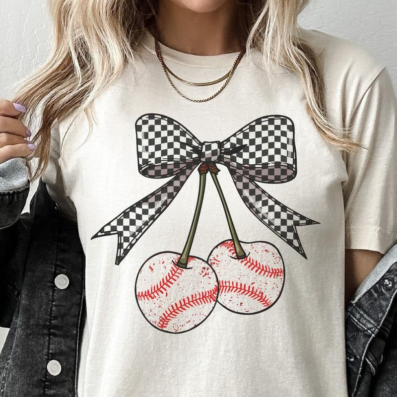 Baseball Cherries Graphic Tee Baseball Checkerboard Bow Tshirt Gameday Baseball Mom Top Casual Womens Girly Ballpark Tshirt